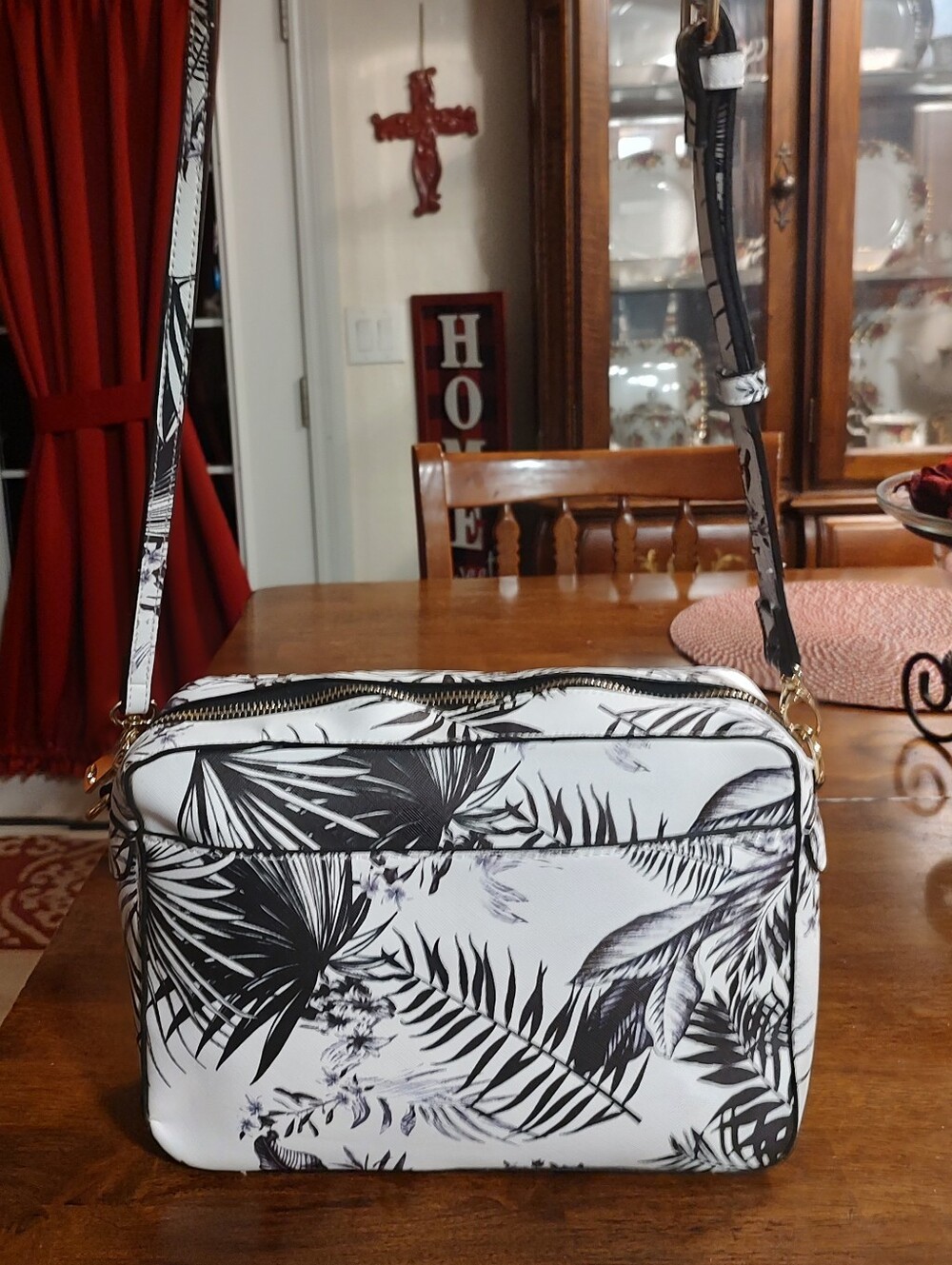 Black & White Lavender Tropical Print Crossbody Bag